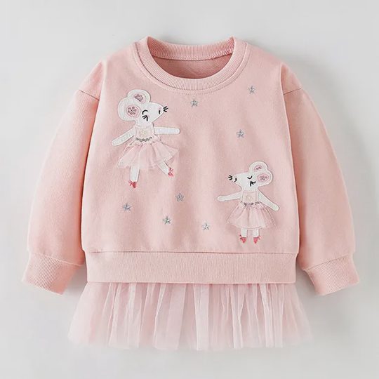 【18M-8Y】Girls Fashion Sweet Cartoon Mouse And Star Embroidered Pink Sweatshirt