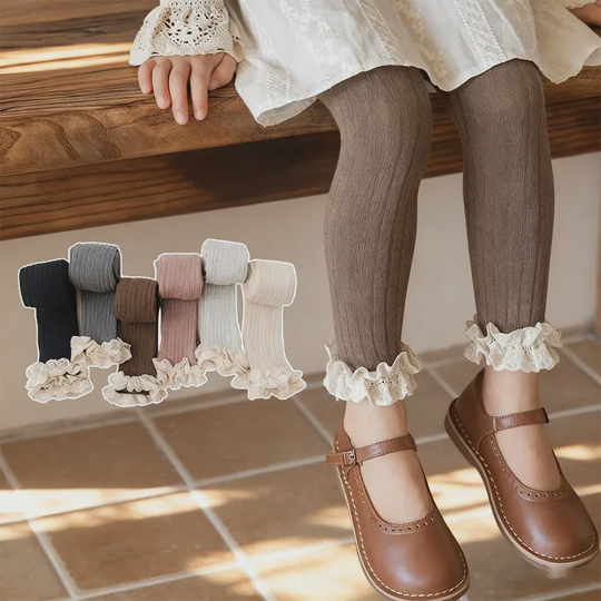 【6M-10Y】Girls' Wide-Stripe Ruffle Ankle-Length Knit Leggings